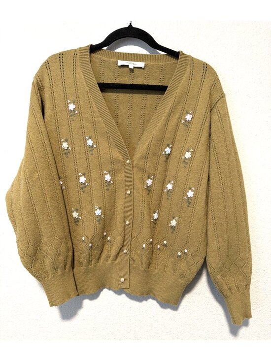 Simple Retro Sweaters - Simple Retro Womens L Olive Floral Embroidered Cardigan Sweater Cottagecore